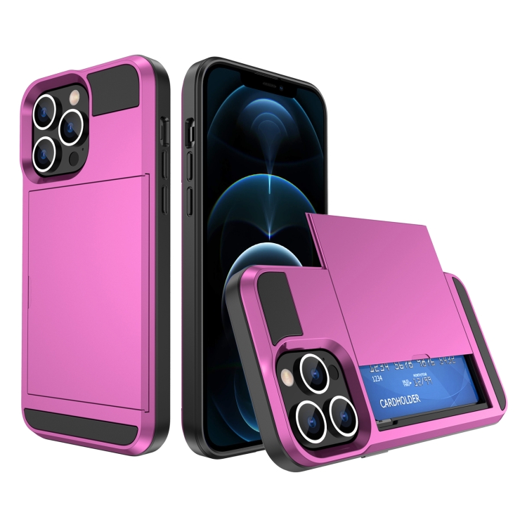 

For iPhone 12 Pro Max Multifunction Armor Slide Card Slot Phone Case(Pink)