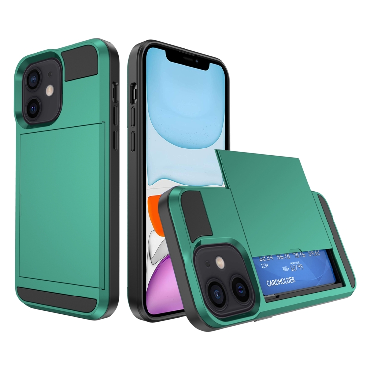 

For iPhone 11 Multifunction Armor Slide Card Slot Phone Case(Green Lake)
