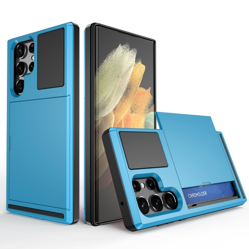 

For Samsung Galaxy S22 Ultra 5G Multifunction Armor Slide Card Slot Phone Case(Sky Blue)