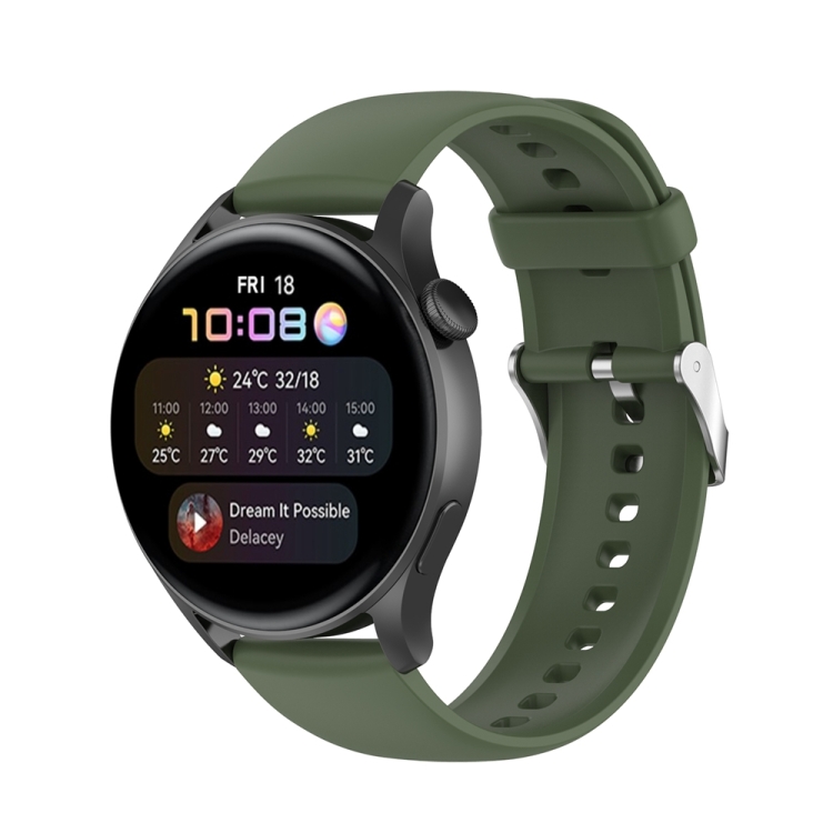 

For Huawei Watch 4 / Watch 4 Pro Solid Color Silicone Stainless Steel Silver Buckle Watch Band(Dark Green)