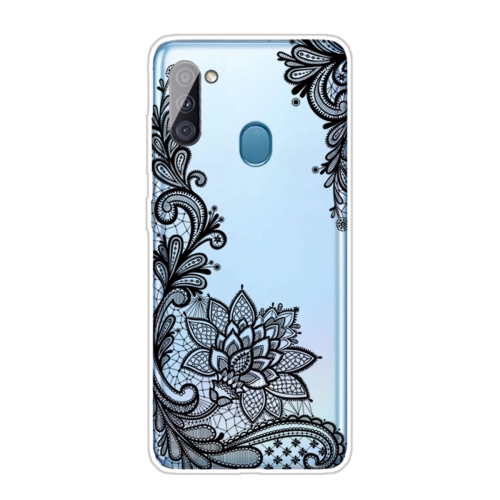 For Samsung Galaxy A11 Coloured Drawing Pattern Highly Transparent TPU Protective Case(Black Rose)