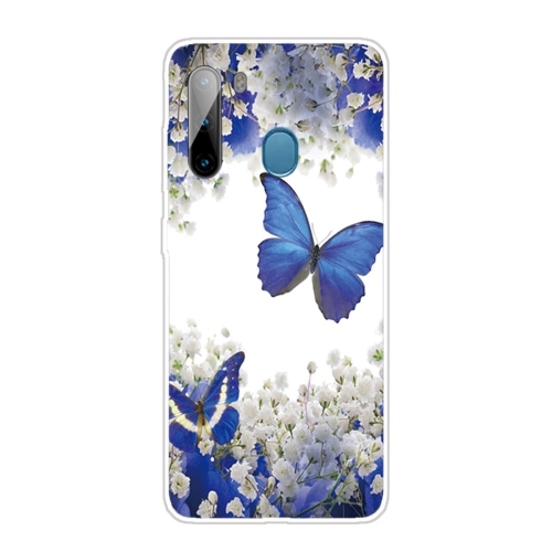 For Samsung Galaxy A21 Coloured Drawing Pattern Highly Transparent TPU Protective Case(Purple Butterfly)