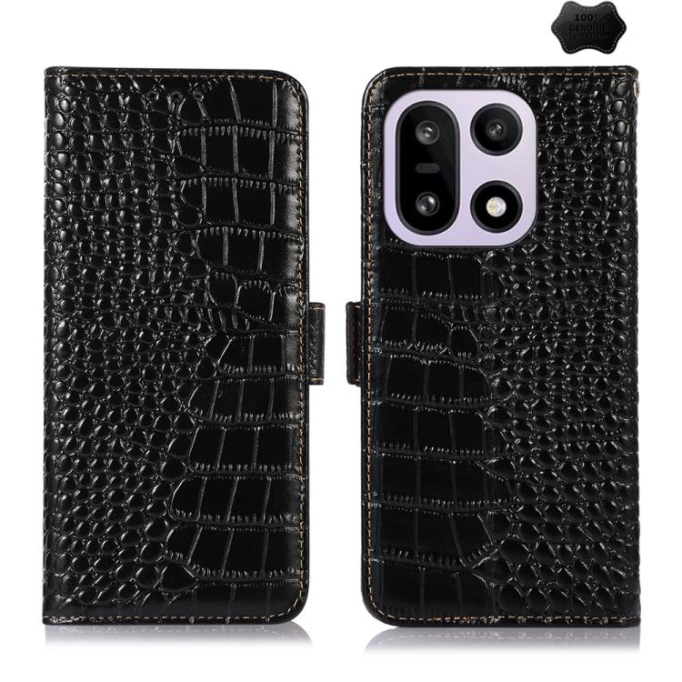 

For OnePlus 15 Crocodile Top Layer Cowhide Leather Phone Case(Black)