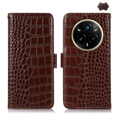 

For Realme 14 Pro 5G Global Crocodile Top Layer Cowhide Leather Phone Case(Brown)