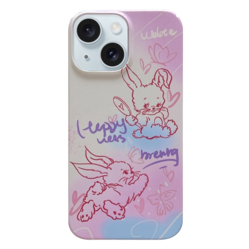 

For iPhone 15 Painted Pattern PC Phone Case(Pink Line Bunny)