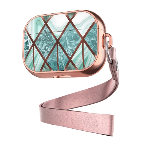 For AirPods Pro Electroplated Printed TPU Earphone Protective Case with Lanyard(Rose Gold Lake Green)