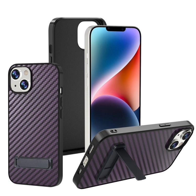

For iPhone 14 Carbon Fiber Texture PC Protective Phone Case with Holder(Purple)