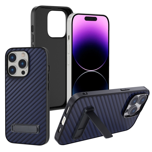 

For iPhone 14 Pro Carbon Fiber Texture PC Protective Phone Case with Holder(Blue)