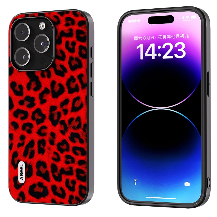 

For iPhone 15 Pro Max ABEEL Black Edge Leopard Phone Case(Red Leopard)