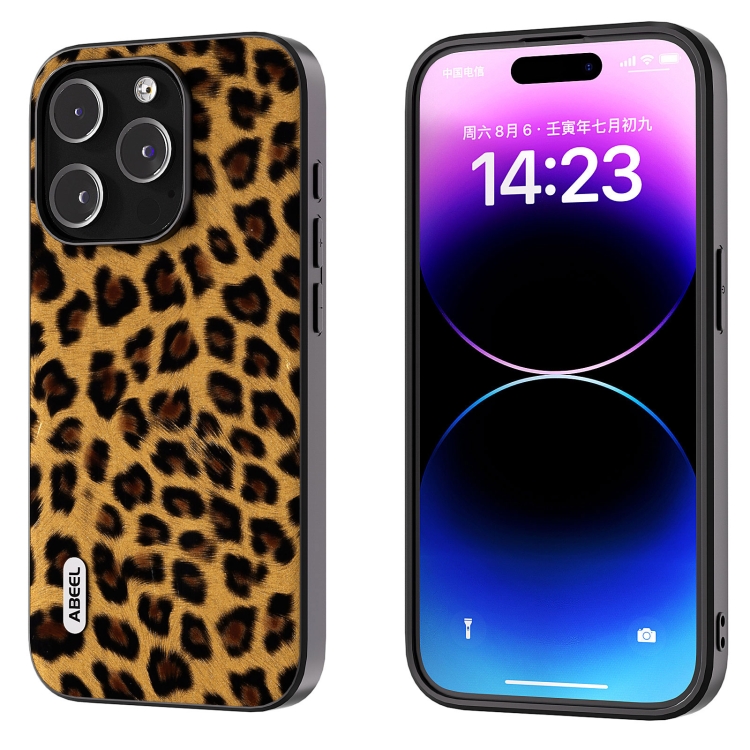 

For iPhone 15 Pro Max ABEEL Black Edge Leopard Phone Case(Golden Leopard)