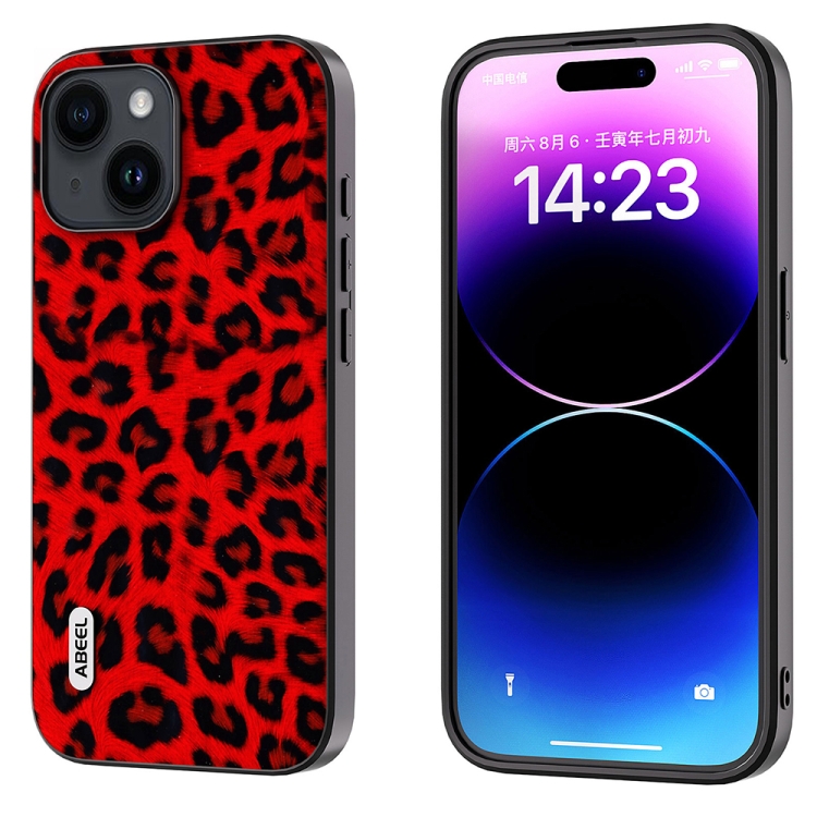 

For iPhone 15 ABEEL Black Edge Leopard Phone Case(Red Leopard)