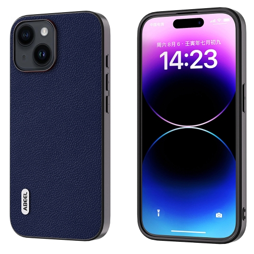 

For iPhone 15 Plus ABEEL Black Edge Genuine Leather Mino Phone Case(Royal Blue)
