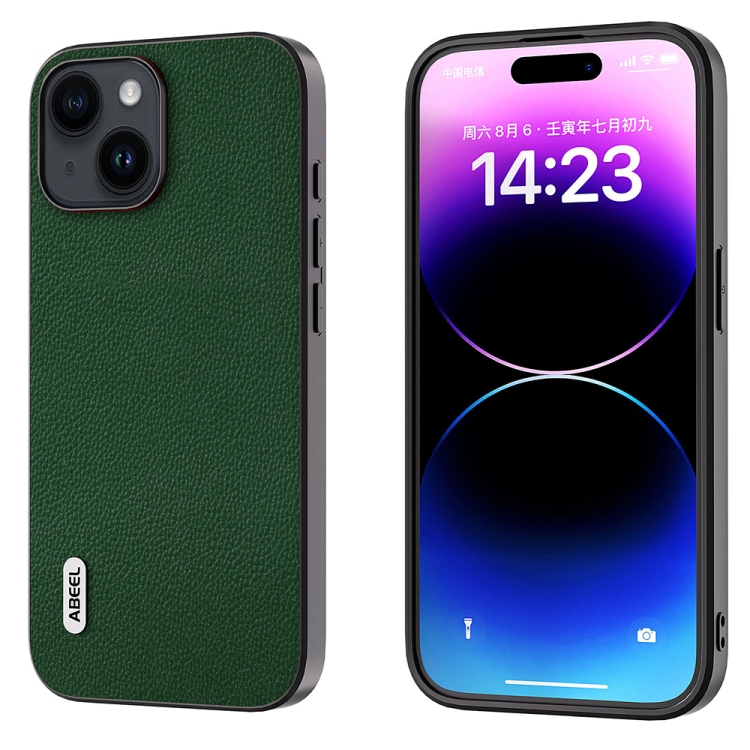 

For iPhone 15 ABEEL Black Edge Genuine Leather Mino Phone Case(Green)