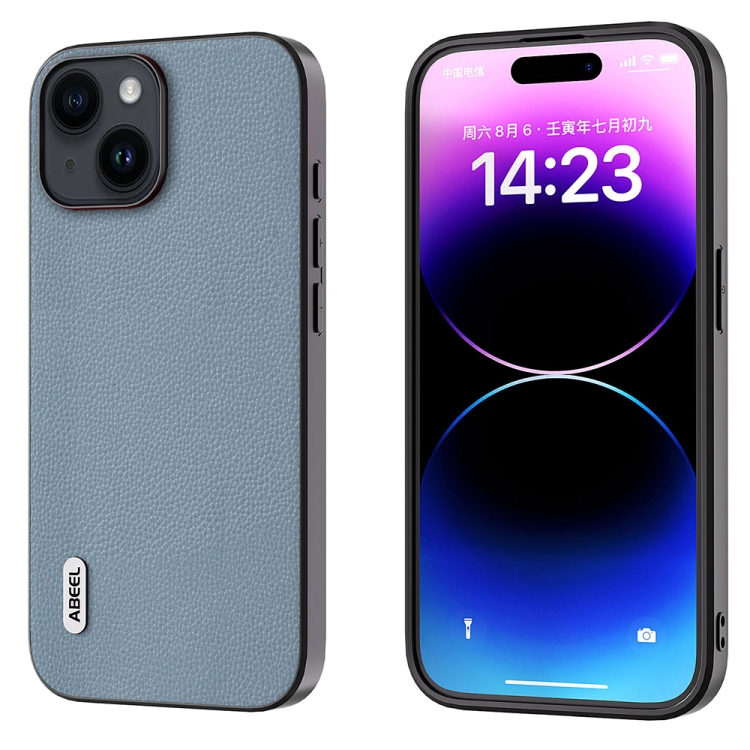 

For iPhone 14 ABEEL Black Edge Genuine Leather Mino Phone Case(Blue)