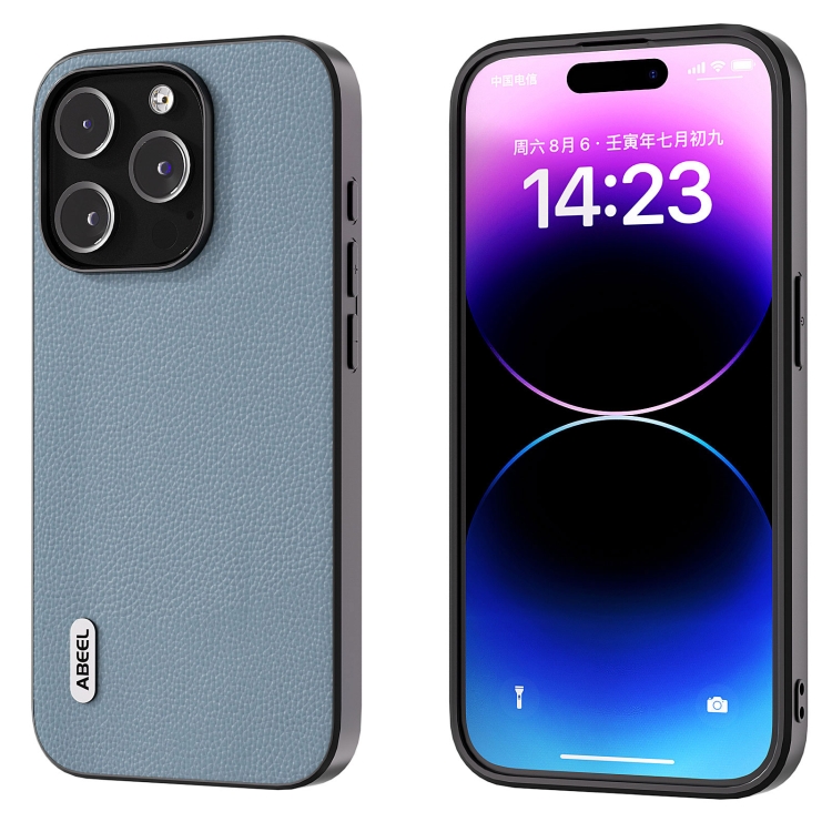 

For iPhone 14 Pro ABEEL Black Edge Genuine Leather Mino Phone Case(Blue)