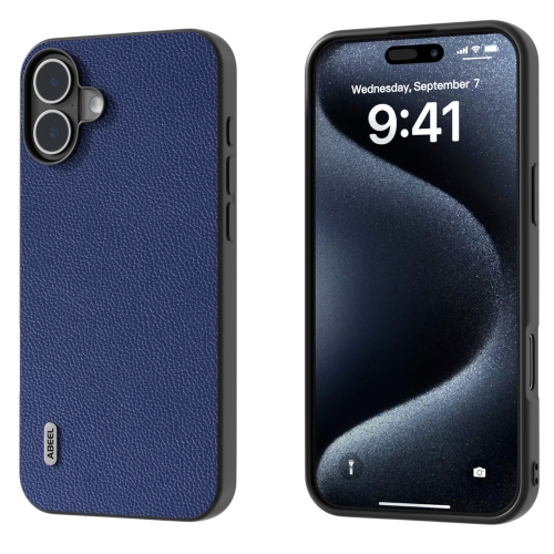 For iPhone 16 Plus ABEEL Black Edge Genuine Leather Mino Phone Case(Royal Blue)