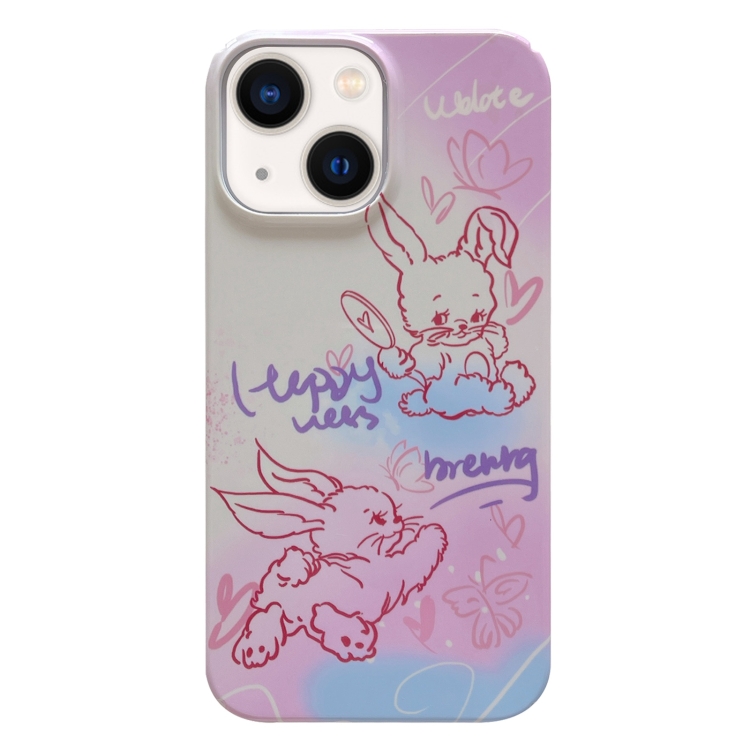 

For iPhone 13 Painted Pattern PC Phone Case(Pink Line Bunny)