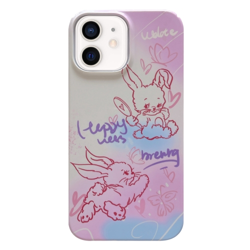 

For iPhone 12 Painted Pattern PC Phone Case(Pink Line Bunny)