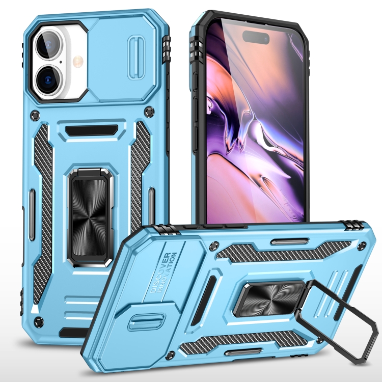 

For iPhone 16 Plus Armor PC + TPU Camera Shield Phone Case(Light Blue)