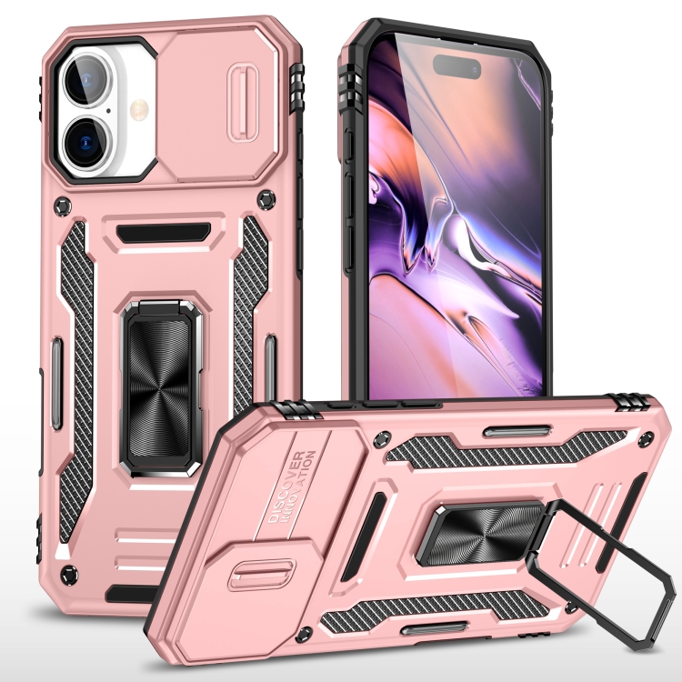 

For iPhone 16 Armor PC + TPU Camera Shield Phone Case(Rose Gold)