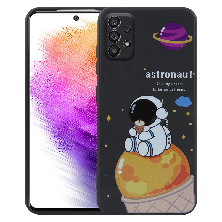 

For Samsung Galaxy A73 5G Milk Tea Astronaut Pattern Liquid Silicone Phone Case(Black)