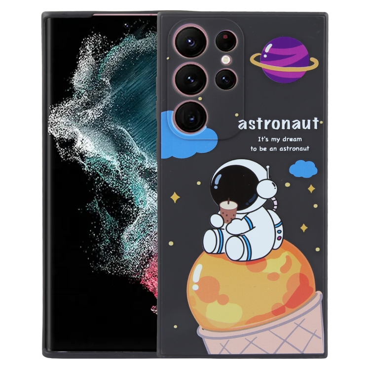 

For Samsung Galaxy S22 Ultra 5G Milk Tea Astronaut Pattern Liquid Silicone Phone Case(Black)