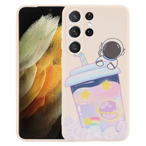 

For Samsung Galaxy S21 Ultra 5G Milk Tea Astronaut Pattern Liquid Silicone Phone Case(White)