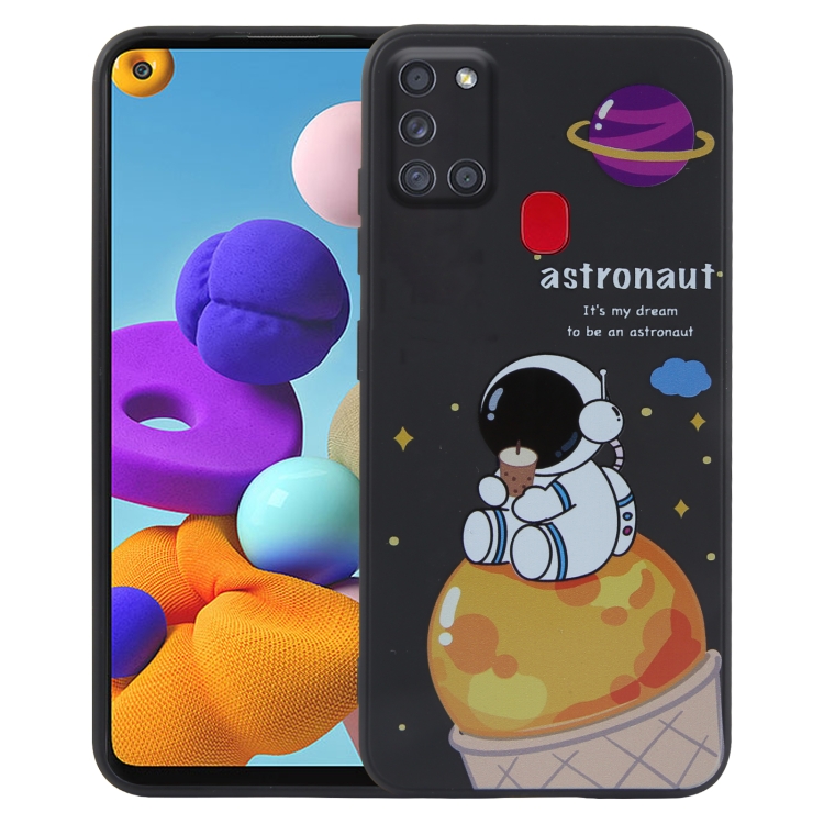 

For Samsung Galaxy A21s / A21 Milk Tea Astronaut Pattern Liquid Silicone Phone Case(Black)