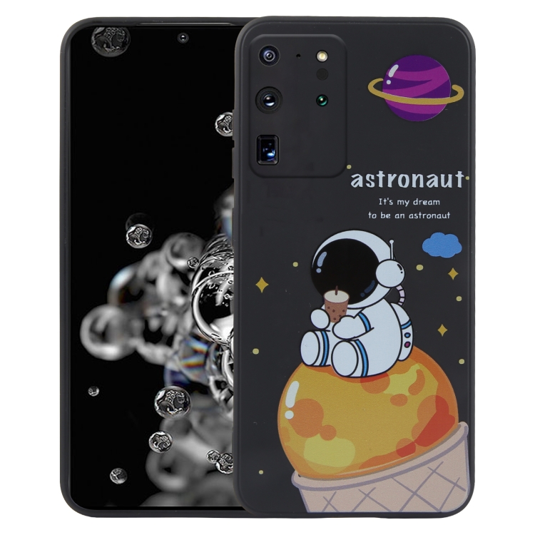 

For Samsung Galaxy S20 Ultra 5G / 4G Milk Tea Astronaut Pattern Liquid Silicone Phone Case(Black)