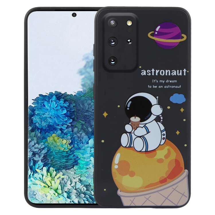 

For Samsung Galaxy S20+ 5G / 4G Milk Tea Astronaut Pattern Liquid Silicone Phone Case(Black)