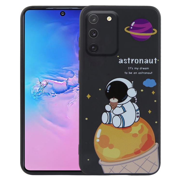 

For Samsung Galaxy A91 Milk Tea Astronaut Pattern Liquid Silicone Phone Case(Black)