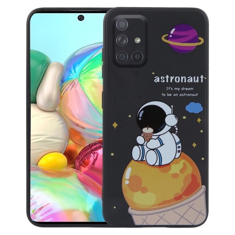 

For Samsung Galaxy A71 Milk Tea Astronaut Pattern Liquid Silicone Phone Case(Black)