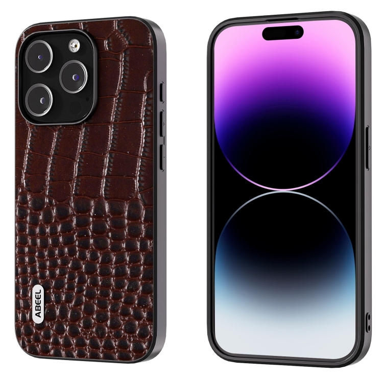 

For iPhone 15 Pro ABEEL Genuine Leather Crocodile Pattern Black Edge Phone Case(Coffee)