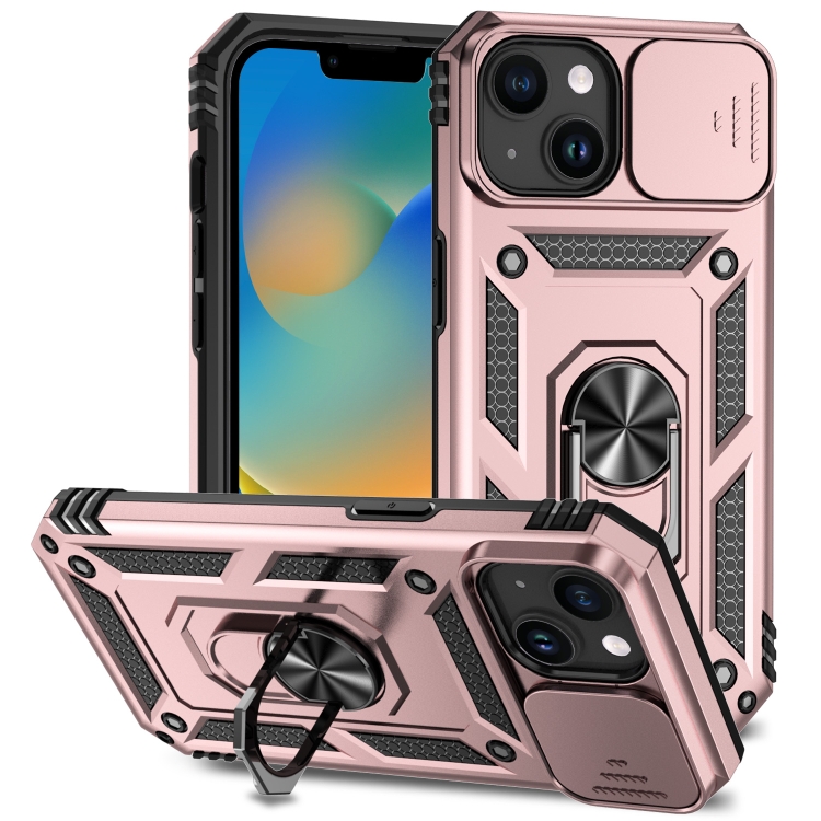 

For iPhone 15 Plus Sliding Camshield Holder Phone Case(Rose Gold)