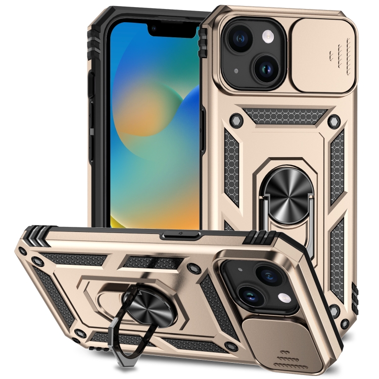 

For iPhone 15 Sliding Camshield Holder Phone Case(Gold)