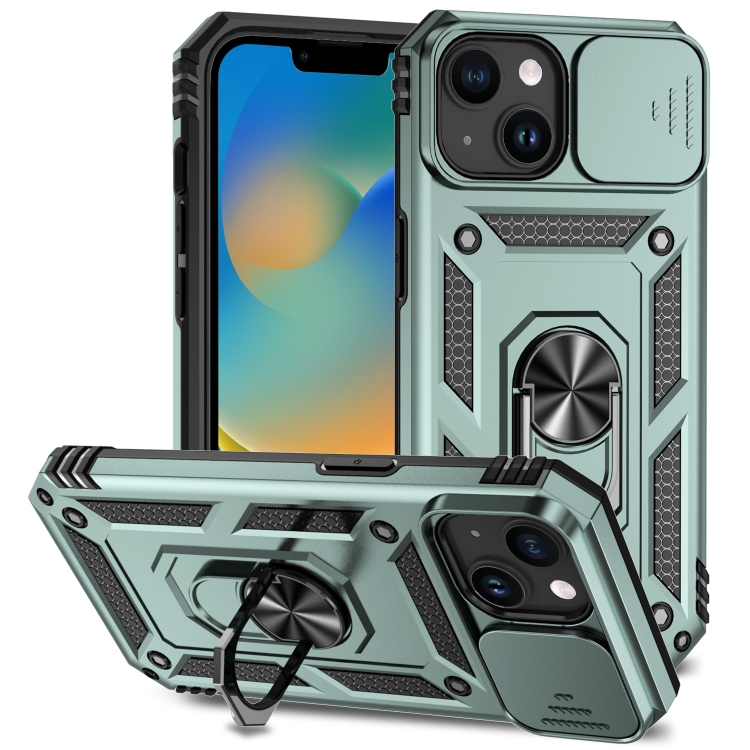 

For iPhone 15 Sliding Camshield Holder Phone Case(Dark Green)