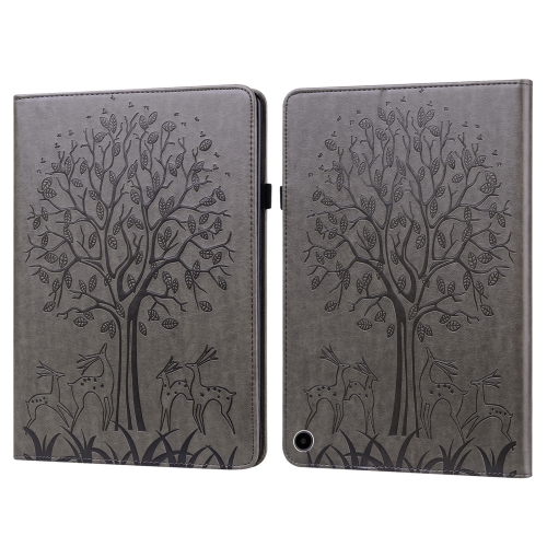 

For Amazon Fire Max 11 Tree & Deer Embossed Leather Tablet Case(Grey)