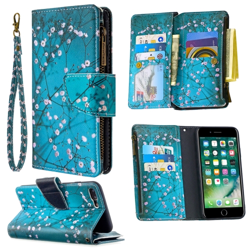 For iPhone 8 Plus & 7 Plus Colored Drawing Pattern Zipper Horizontal Flip Leather Case with Holder & Card Slots & Wallet(Plum Blossom)