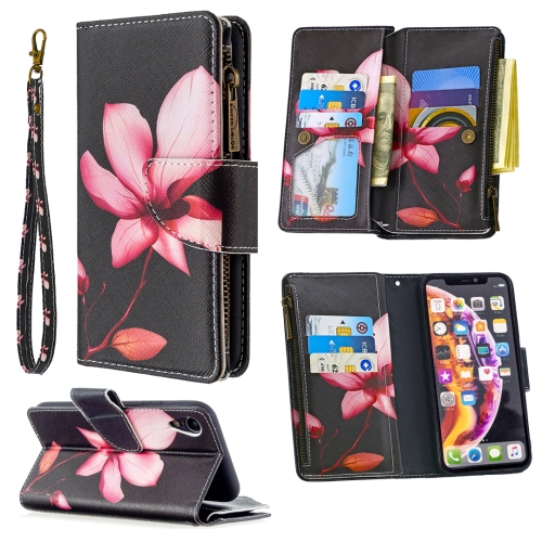 For iPhone XR Colored Drawing Pattern Zipper Horizontal Flip Leather Case with Holder & Card Slots & Wallet(Lotus)