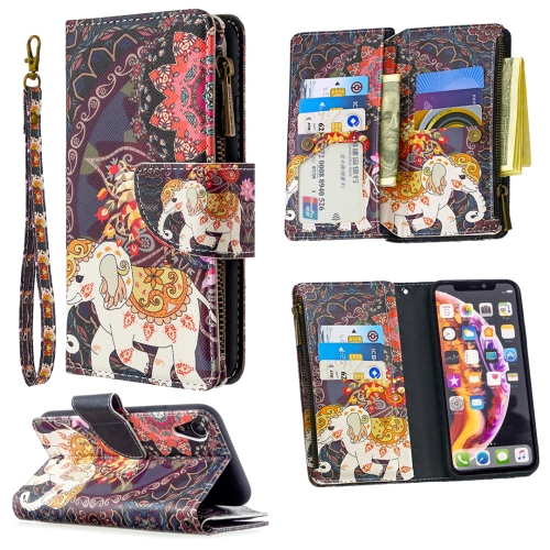 For iPhone XR Colored Drawing Pattern Zipper Horizontal Flip Leather Case with Holder & Card Slots & Wallet(Flower Elephants)