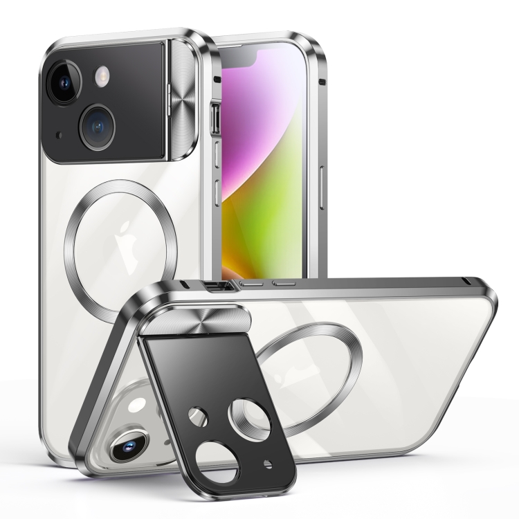 

For iPhone 14 Large Window Holder MagSafe Magnetic Metal Phone Case(Silver)