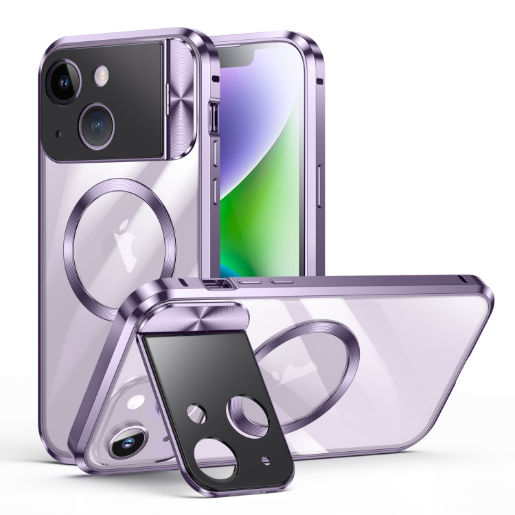 

For iPhone 14 Large Window Holder MagSafe Magnetic Metal Phone Case(Purple)