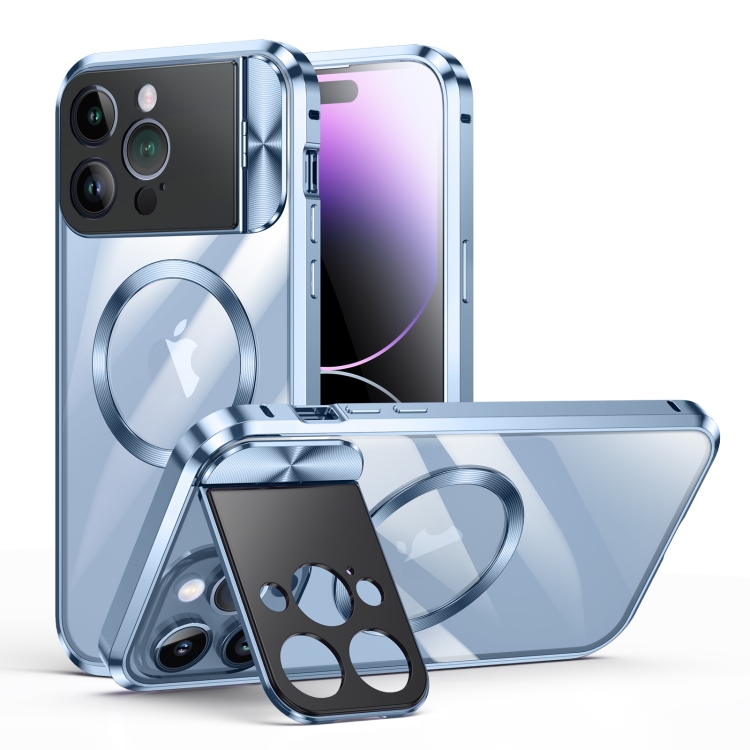 

For iPhone 14 Pro Max Large Window Holder MagSafe Magnetic Metal Phone Case(Blue)