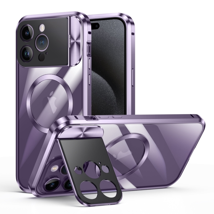 

For iPhone 15 Pro Max Large Window Holder MagSafe Magnetic Metal Phone Case(Purple)