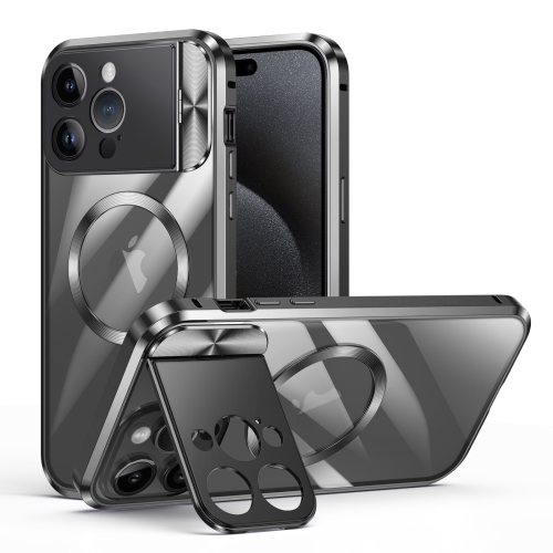 

For iPhone 15 Pro Large Window Holder MagSafe Magnetic Metal Phone Case(Black)