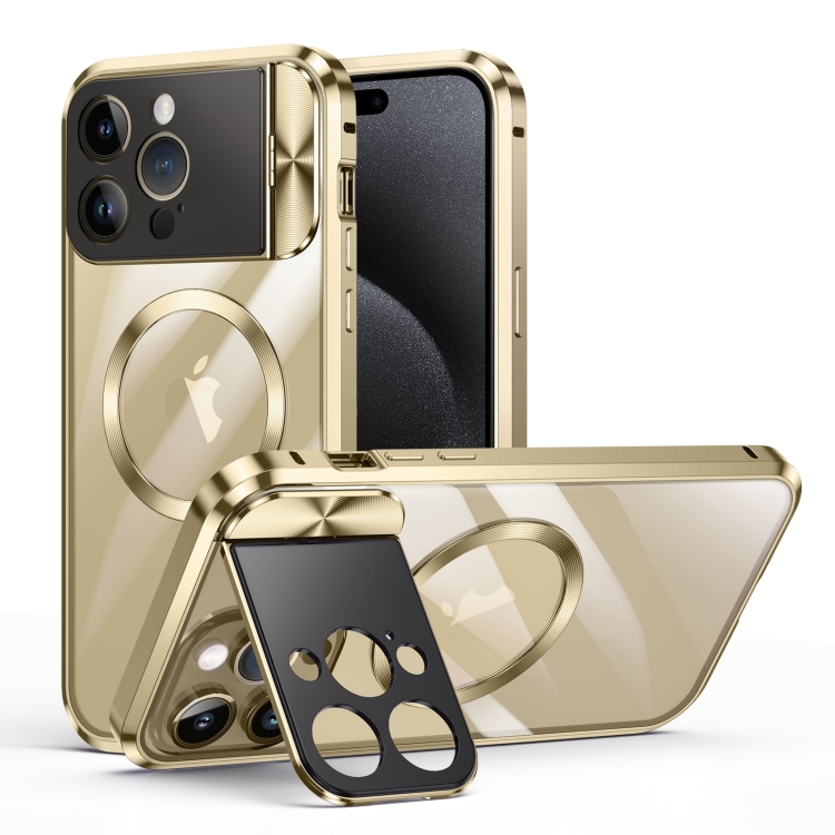 

For iPhone 15 Pro Large Window Holder MagSafe Magnetic Metal Phone Case(Yellow)