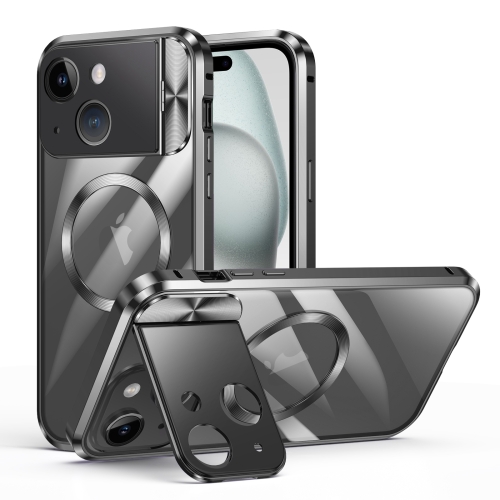 

For iPhone 15 Large Window Holder MagSafe Magnetic Metal Phone Case(Black)