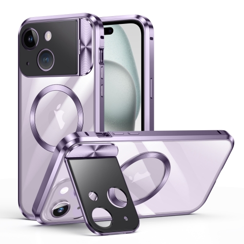 

For iPhone 15 Large Window Holder MagSafe Magnetic Metal Phone Case(Purple)