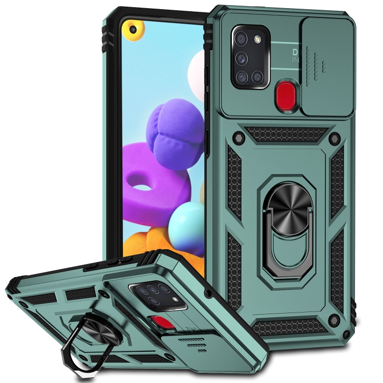 

For Samsung Galaxy A21s Sliding Camshield Holder Phone Case(Dark Green)