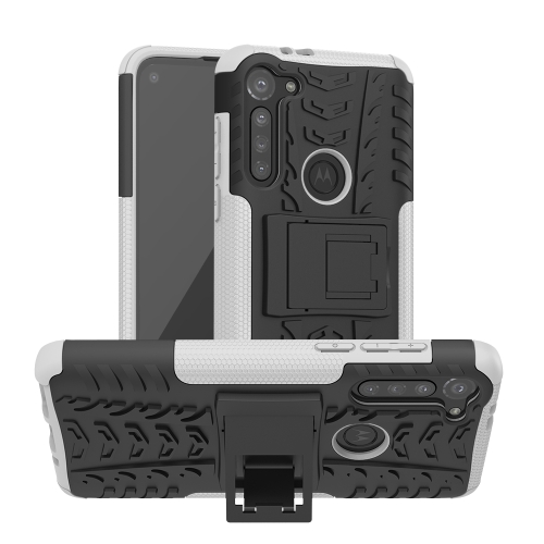 For Motorola Moto G8 Power Tire Texture Shockproof TPU+PC Protective Case with Holder(White)